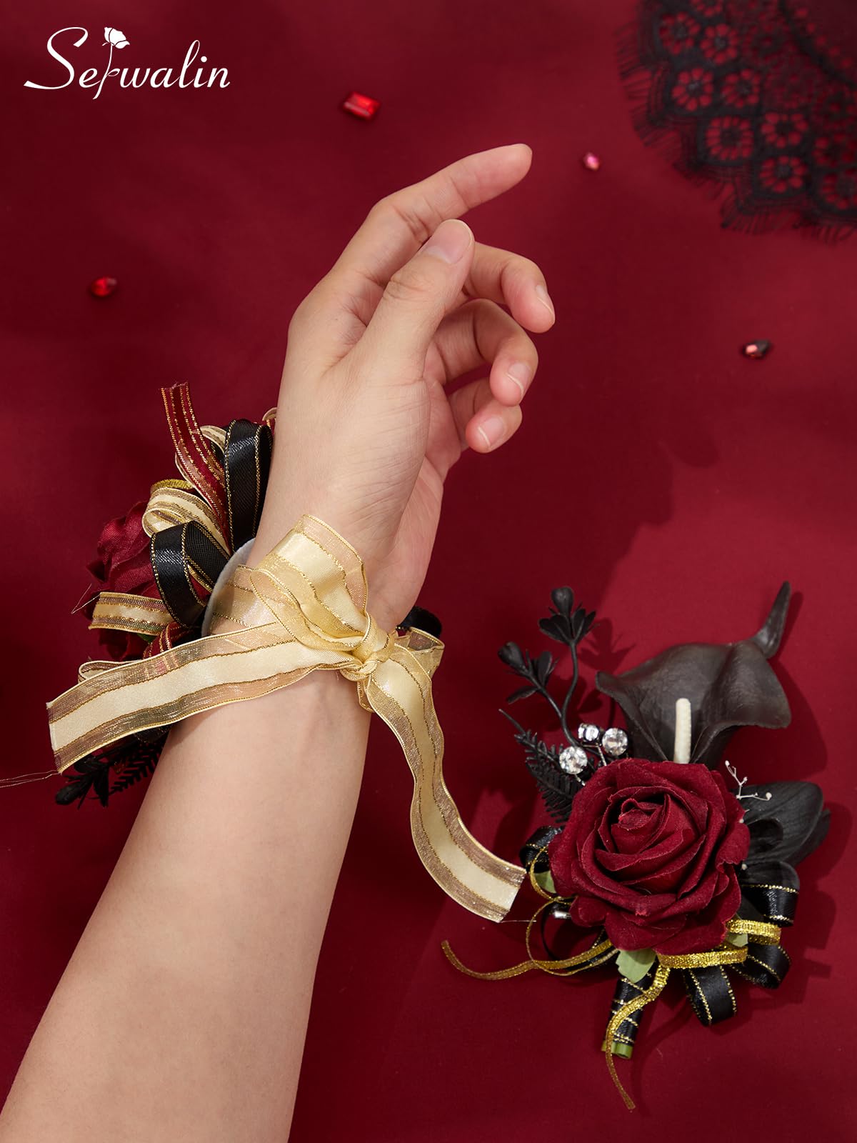Elegant black-gold ribbon details enhance the overall refined look