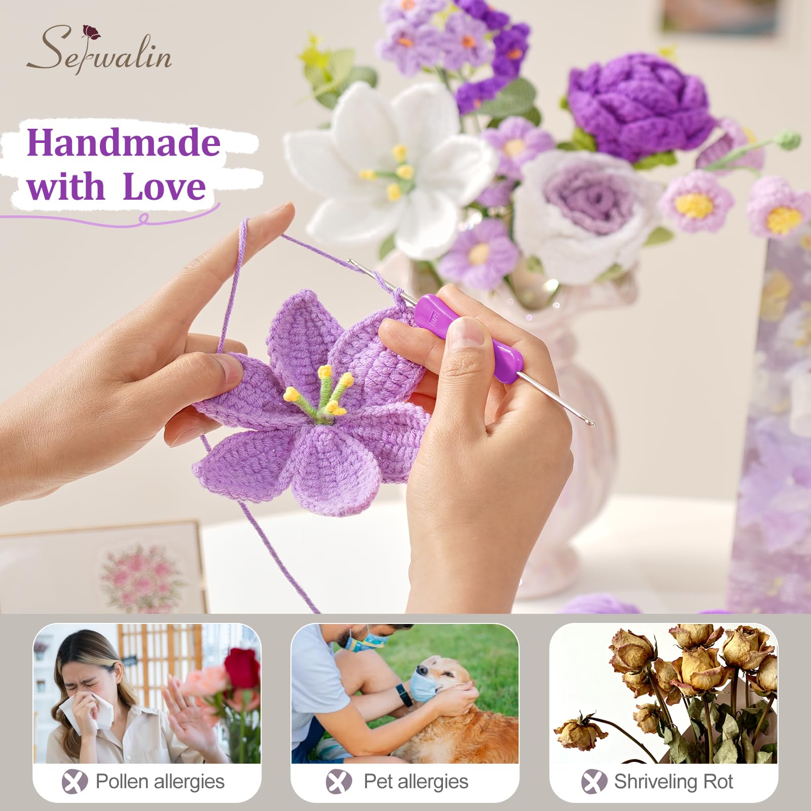 Serwalin long-lasting-crochet-flowers-display keeps color year-round.