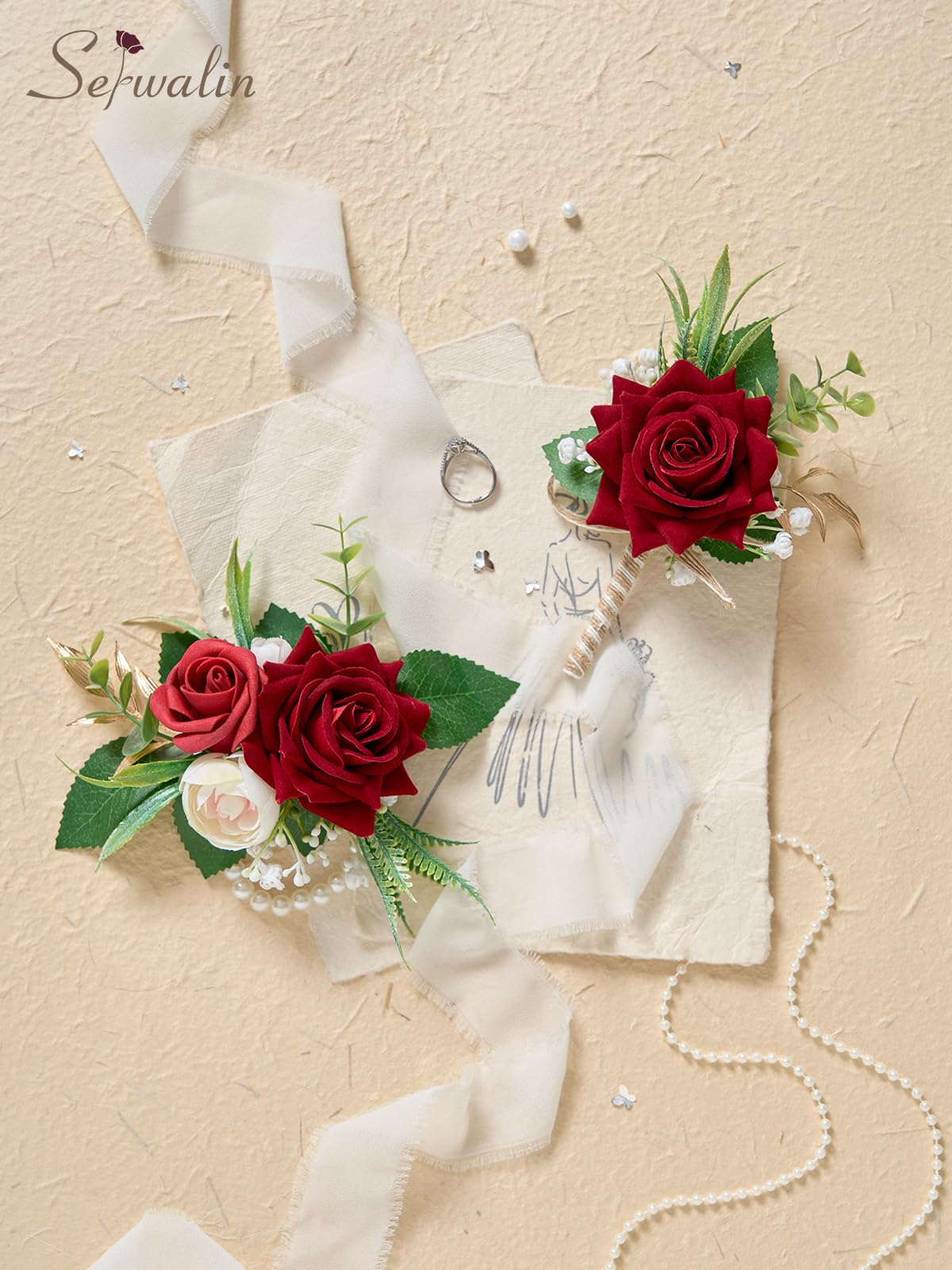 Model wearing wrist corsage for wedding or prom inspiration.
