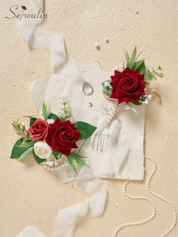 Model wearing wrist corsage for wedding or prom inspiration.