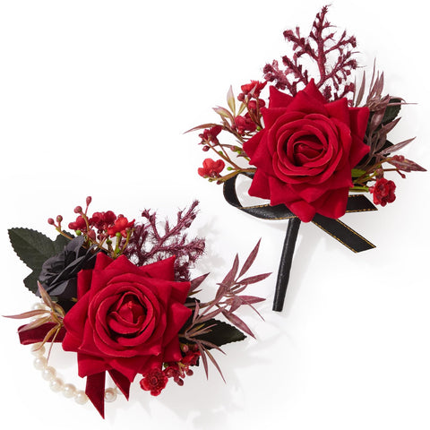 Serwalin red corsage on-wrist display with black accents for prom or wedding ensembles.