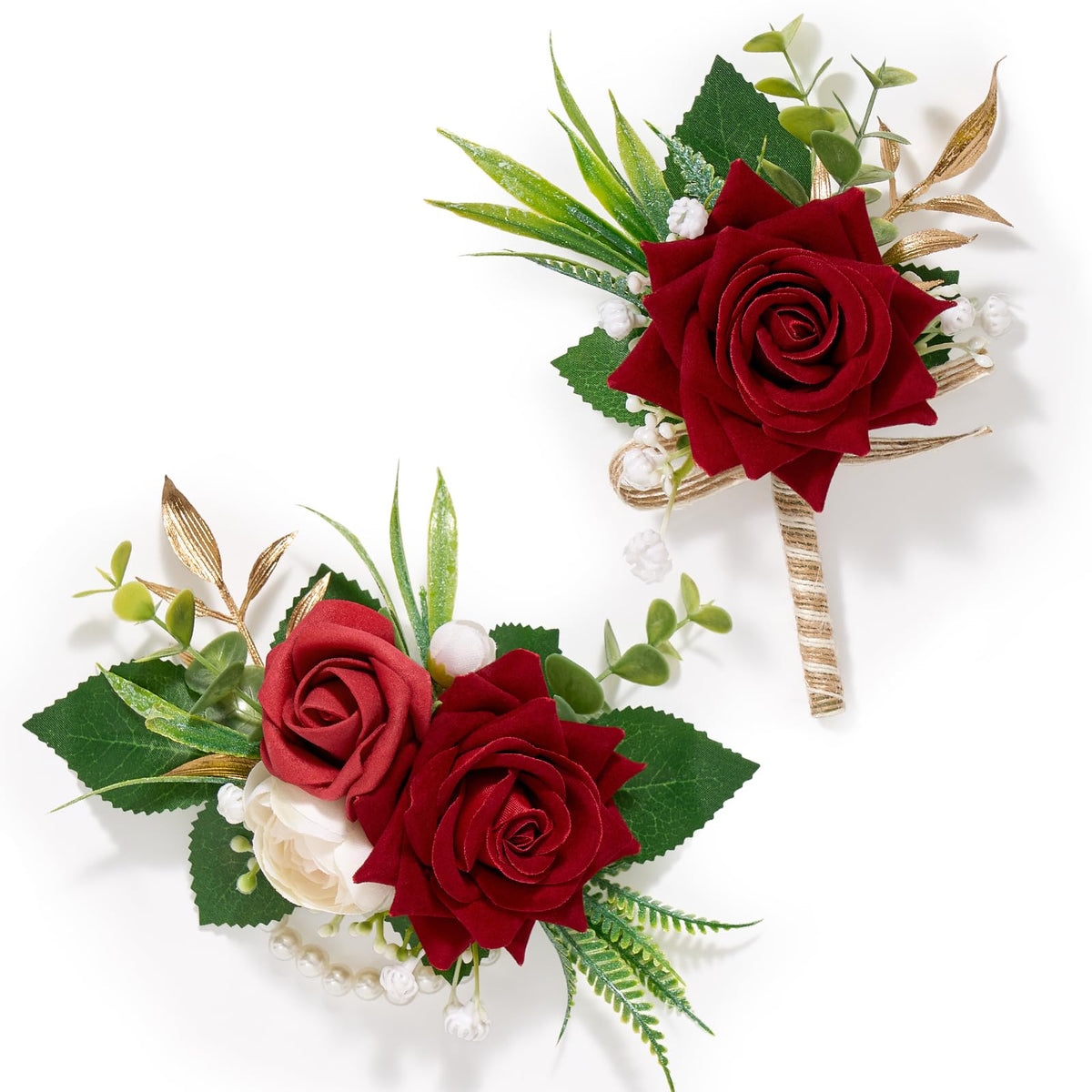Serwalin red rose corsage on the wrist, adds elegant color to weddings.