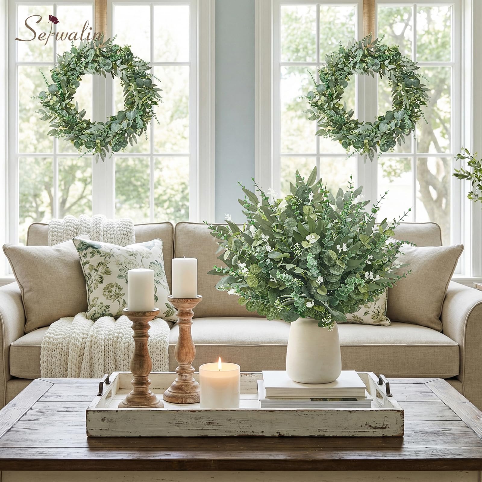 Serwalin round-leaf eucalyptus stems add airy greenery to centerpieces