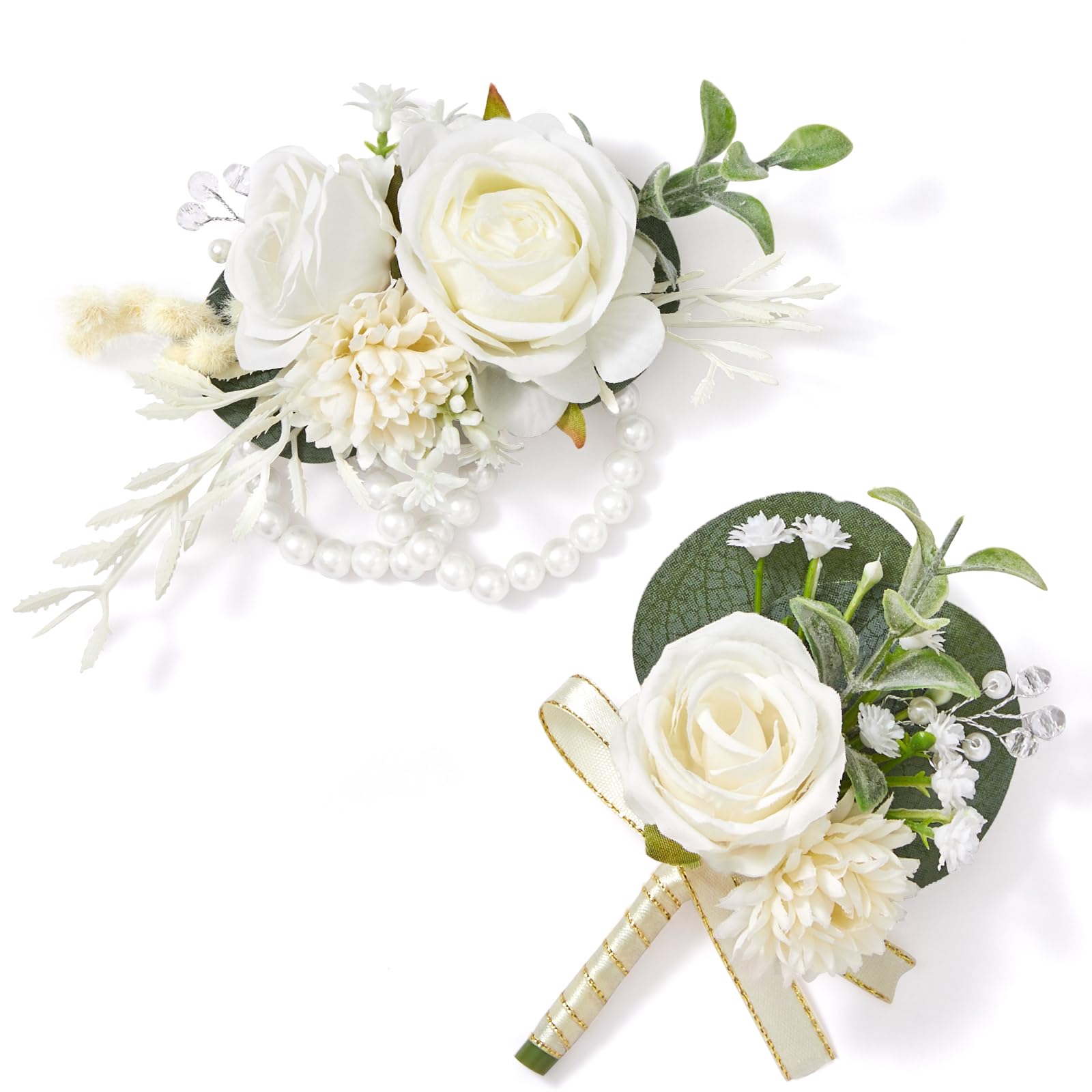 Serwalin white rose corsage wrist detail for elegant wedding styling.