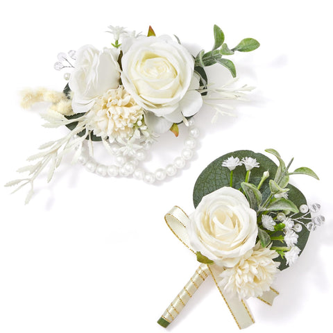 Serwalin white rose corsage wrist detail for elegant wedding styling.