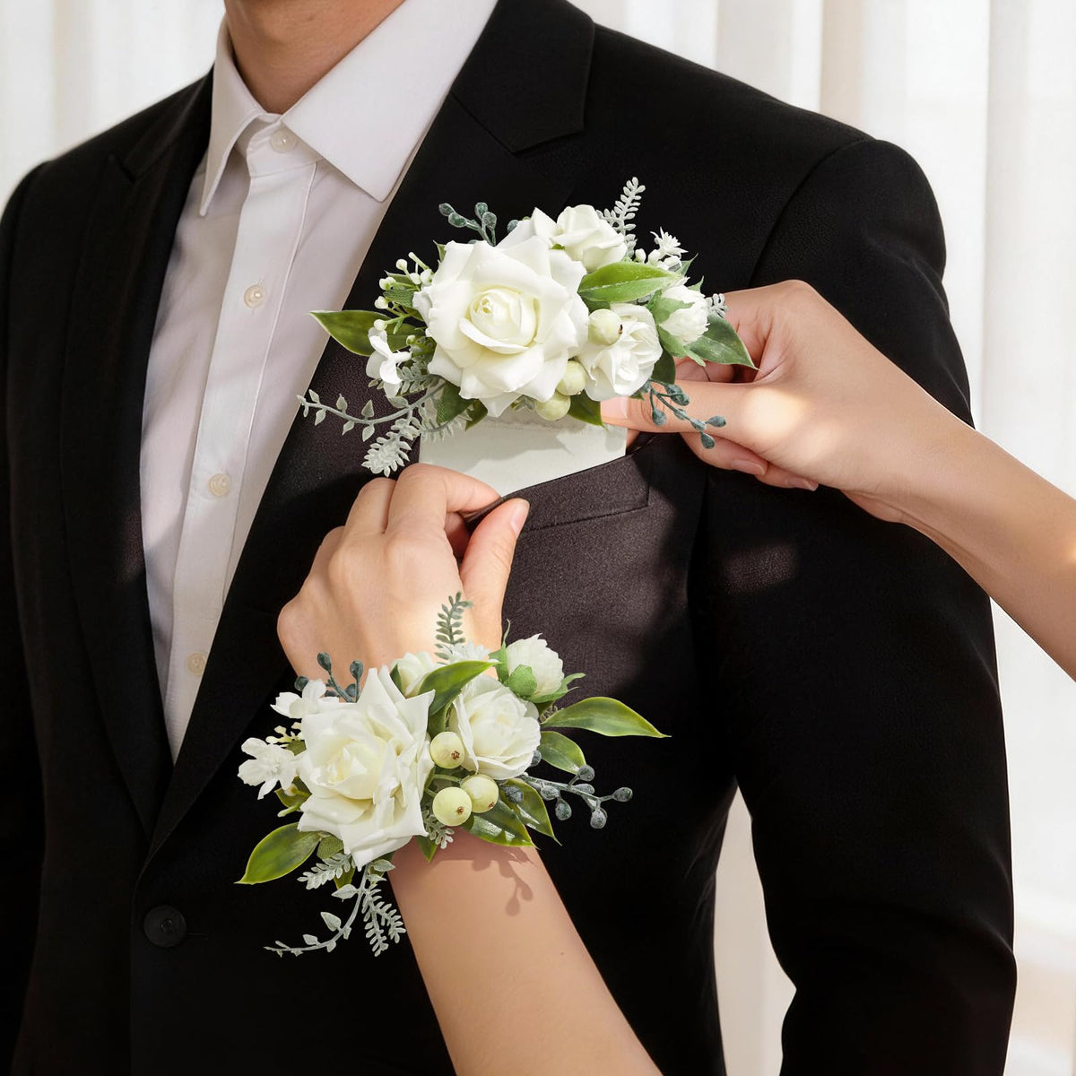 Serwalin white rose corsage wristlet with lifelike petals for lasting elegance.