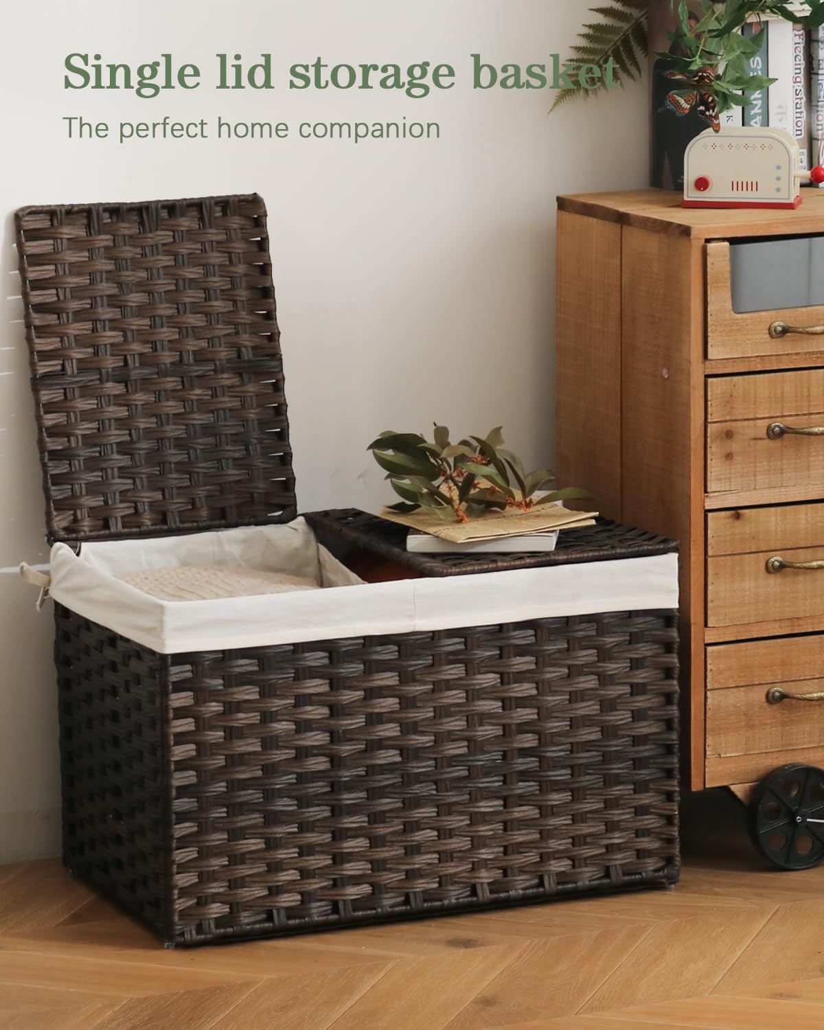 SETVSON storage basket with lid closed ideal for concealing blankets and clothes.