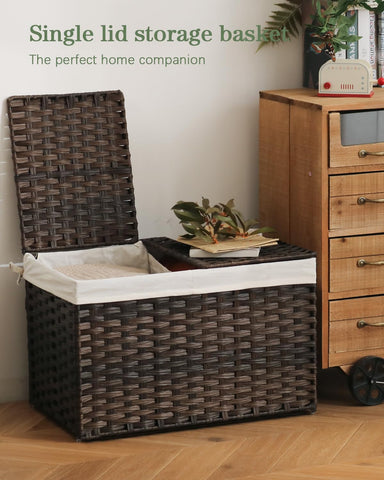 SETVSON storage basket with lid closed ideal for concealing blankets and clothes.