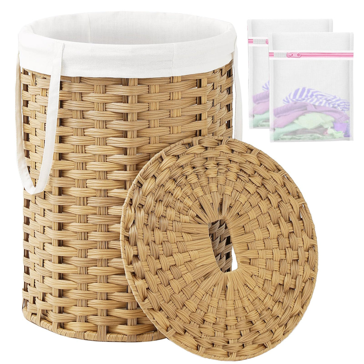 SETVSON round wicker laundry hamper front view with lid showing durable storage