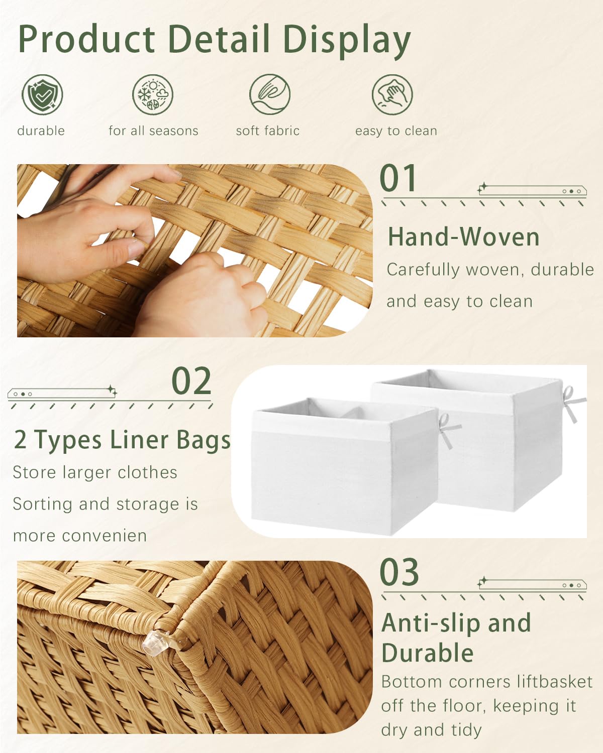SETVSON rattan basket with removable liners, easy to wash.