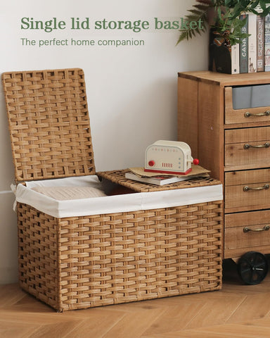SETVSON storage basket with lid open reveals removable liners for cleaning.