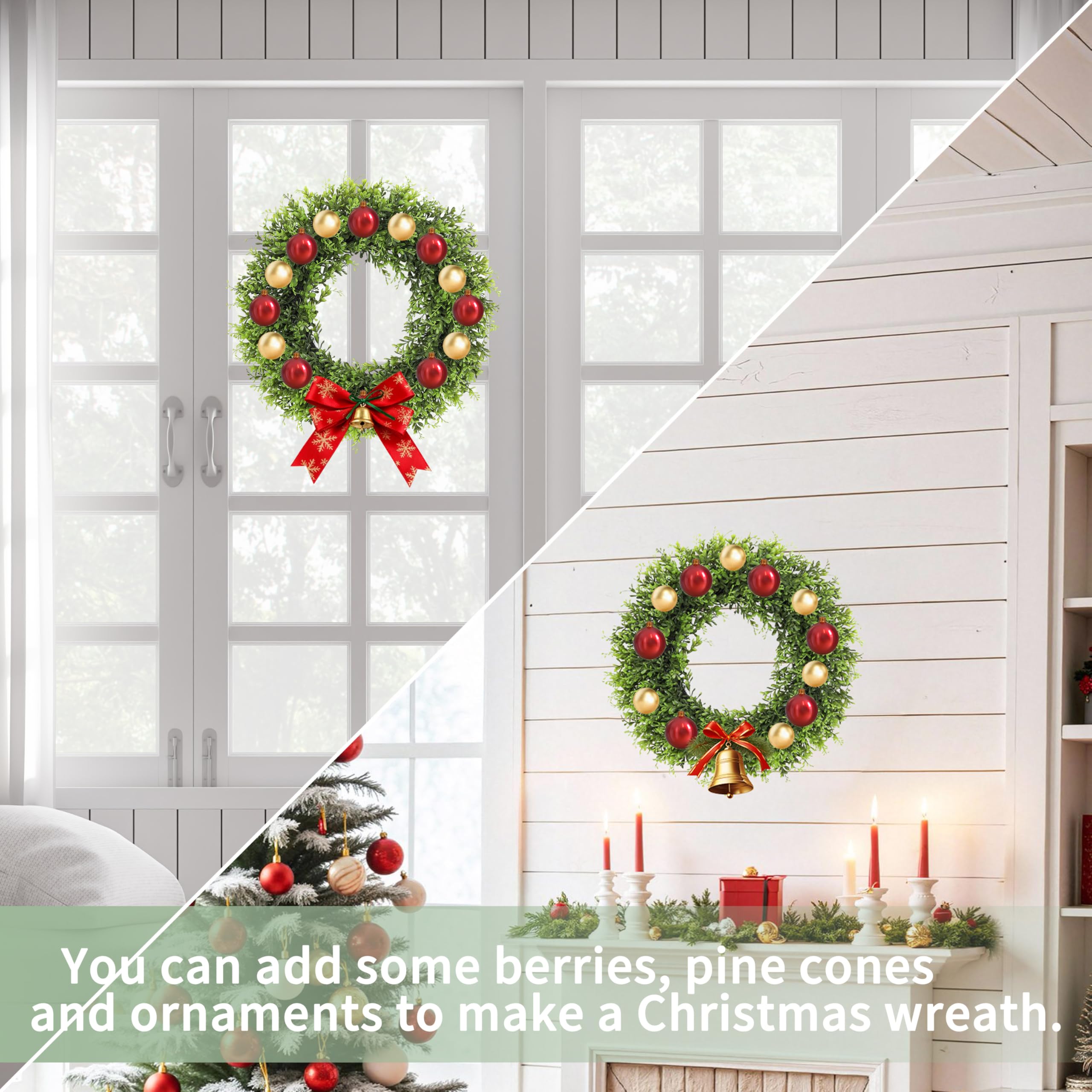 SEVENLOVE boxwood wreath over fireplace adds natural color without maintenance.