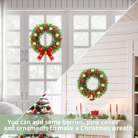 SEVENLOVE boxwood wreath over fireplace adds natural color without maintenance.
