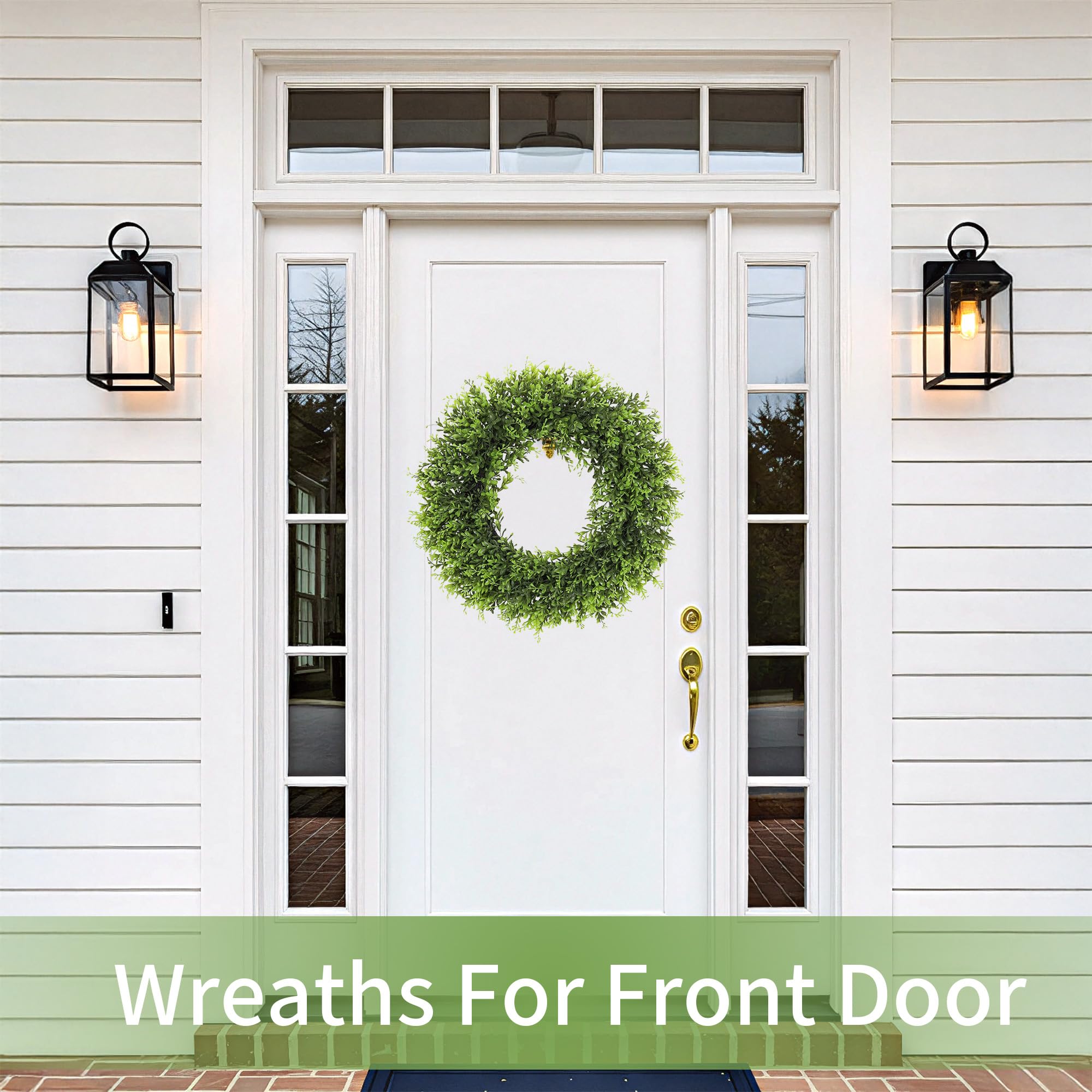 SEVENLOVE boxwood wreath enhances garden patio ambiance.