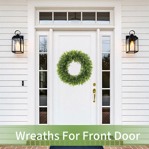 SEVENLOVE boxwood wreath enhances garden patio ambiance.