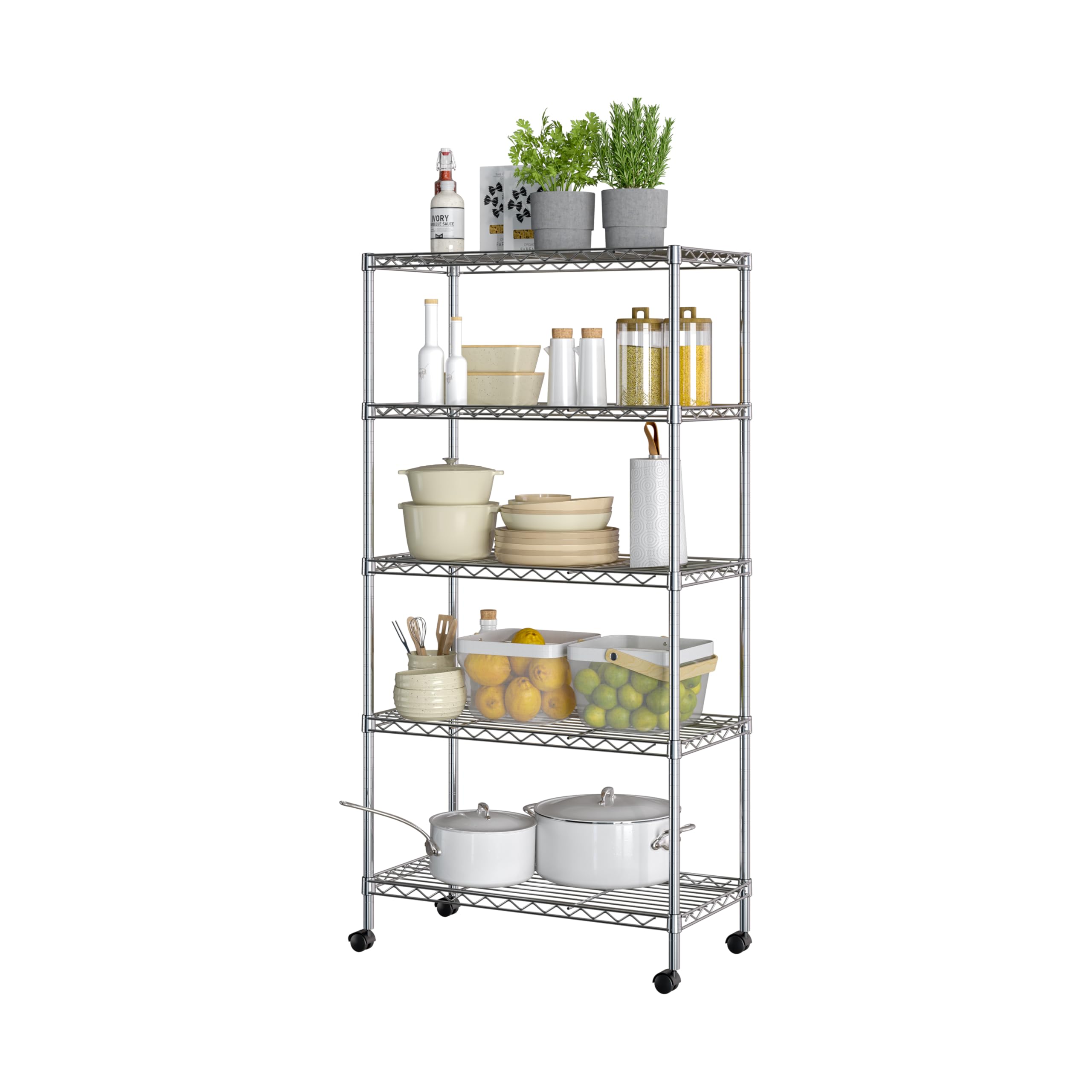 Seville Classics shelving used in kitchen and garage for organized storage.