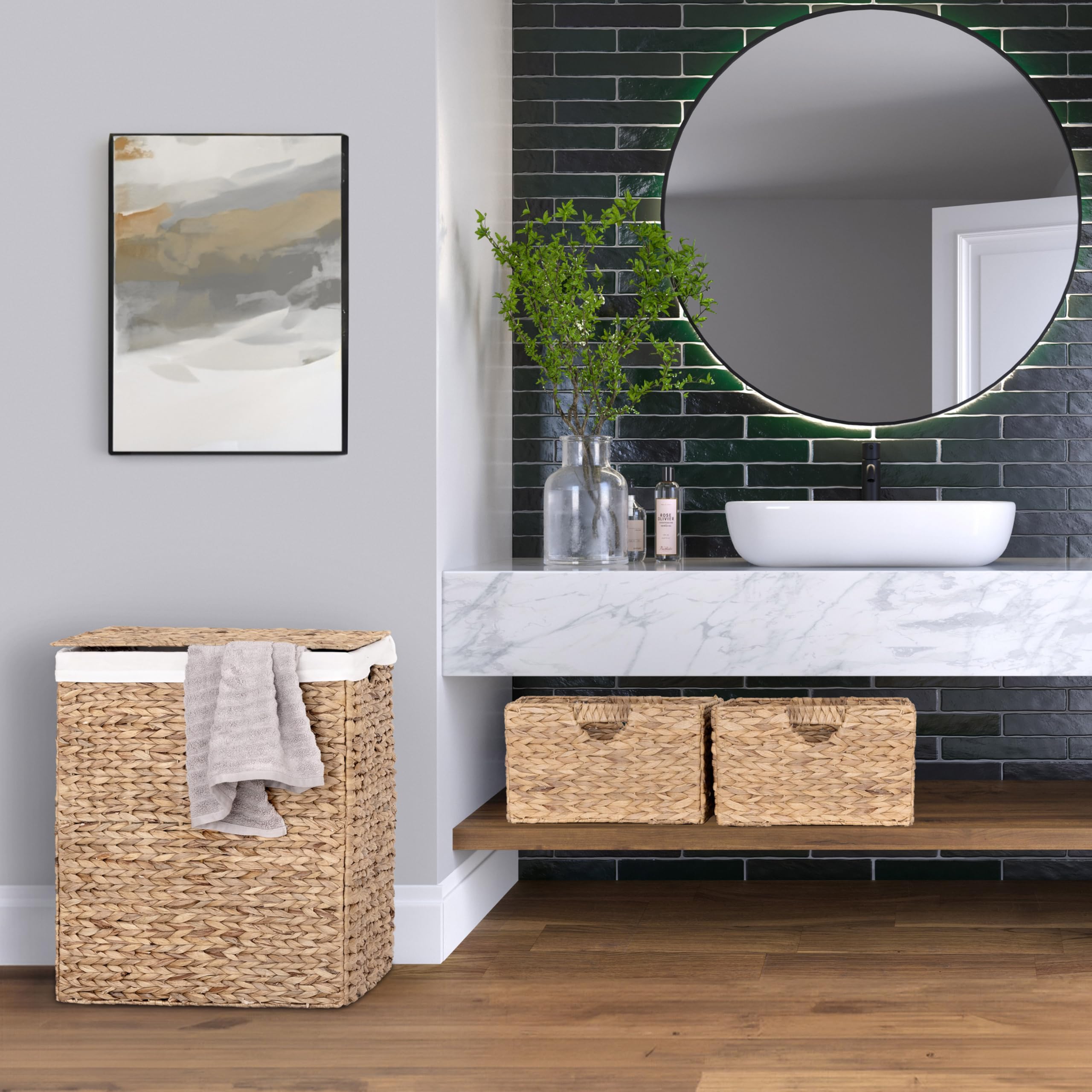Lidded Seville Classics hamper conceals laundry for a tidy room