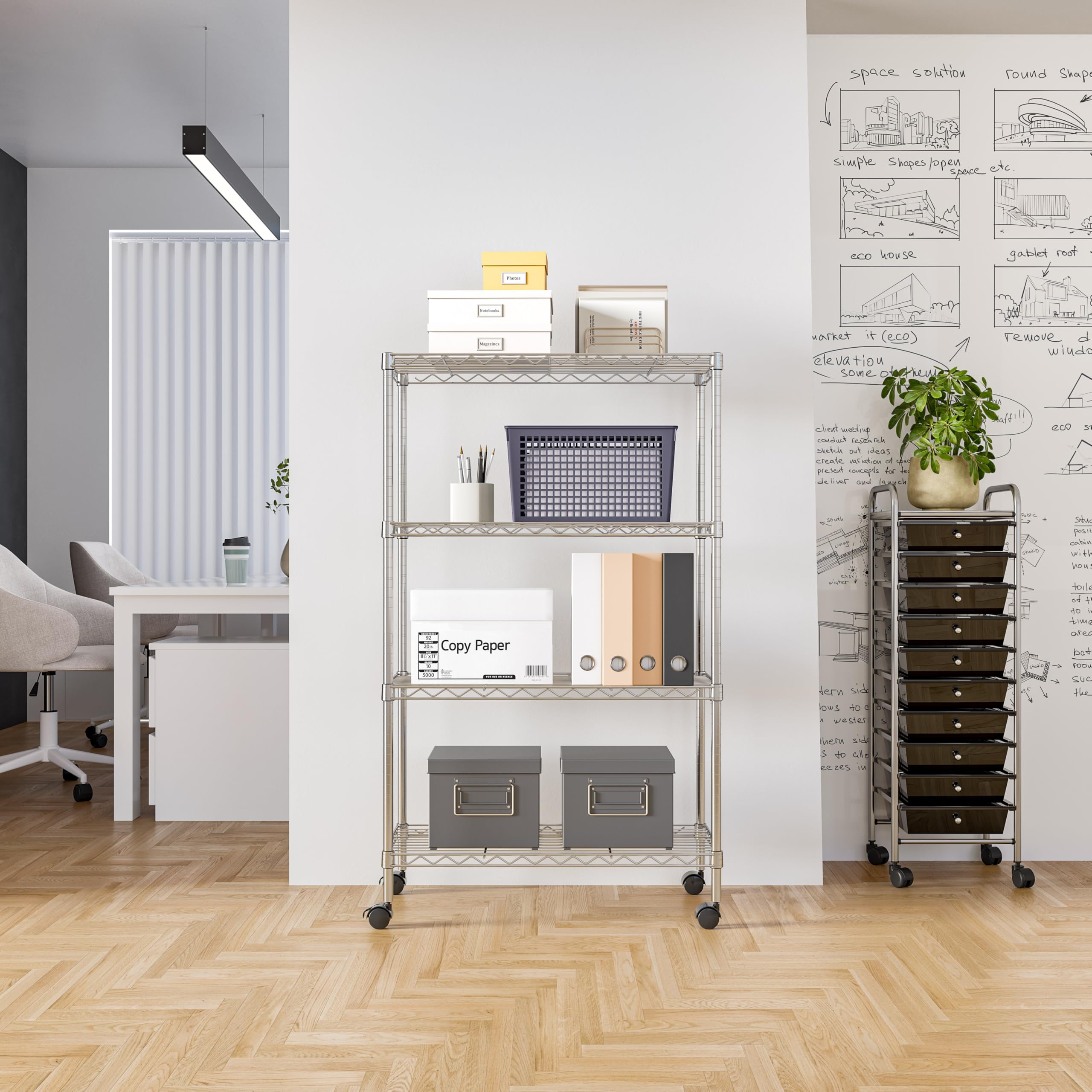 Seville Classics shelving with casters demonstrates easy relocation for kitchens and garages.