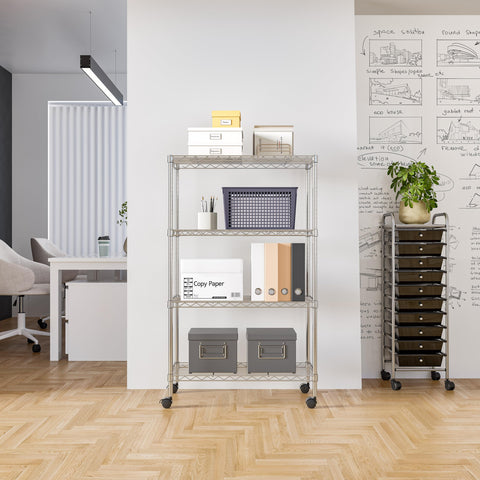 Seville Classics shelving with casters demonstrates easy relocation for kitchens and garages.