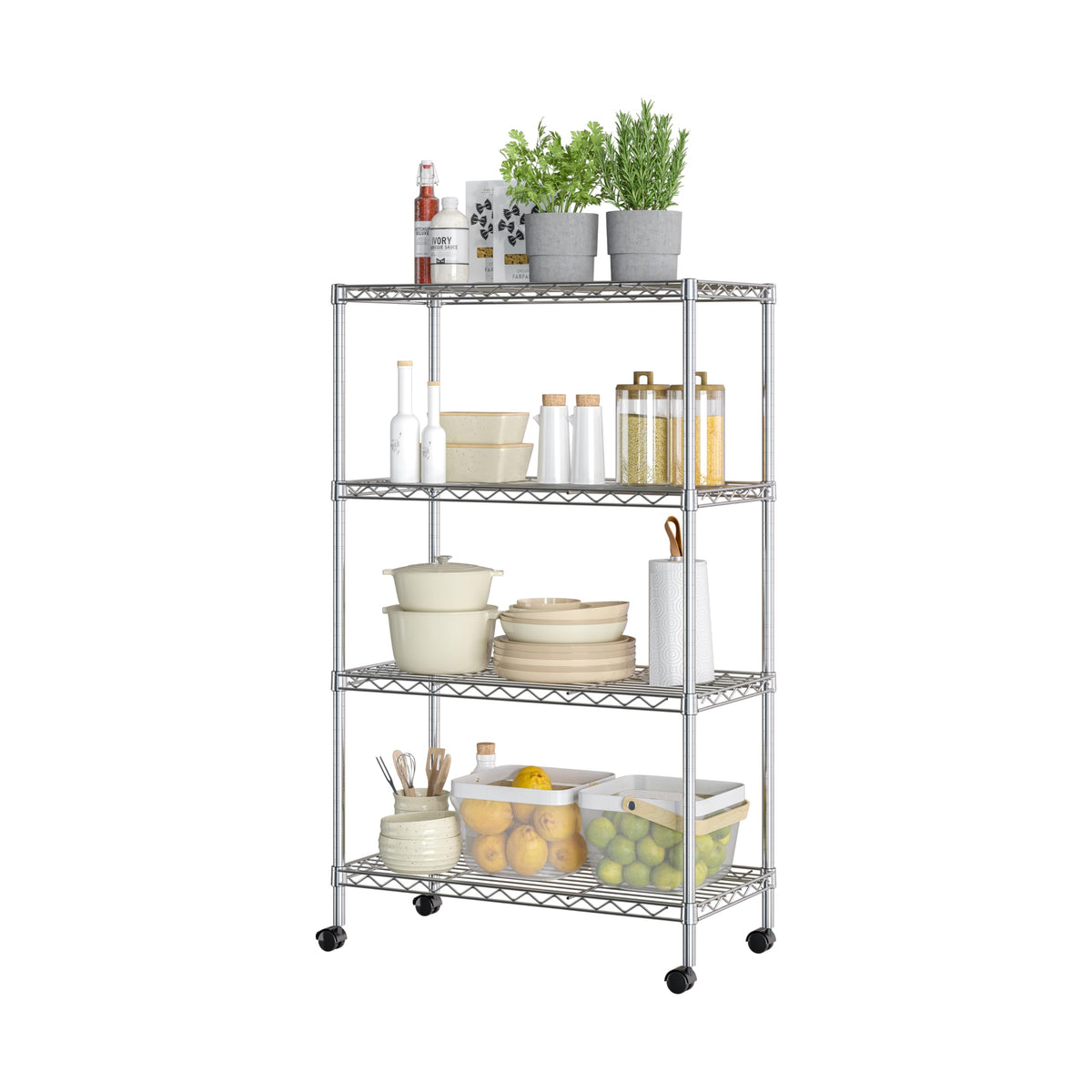 Seville Classics solid steel shelving front view highlights sturdy 300 lb per-shelf capacity.