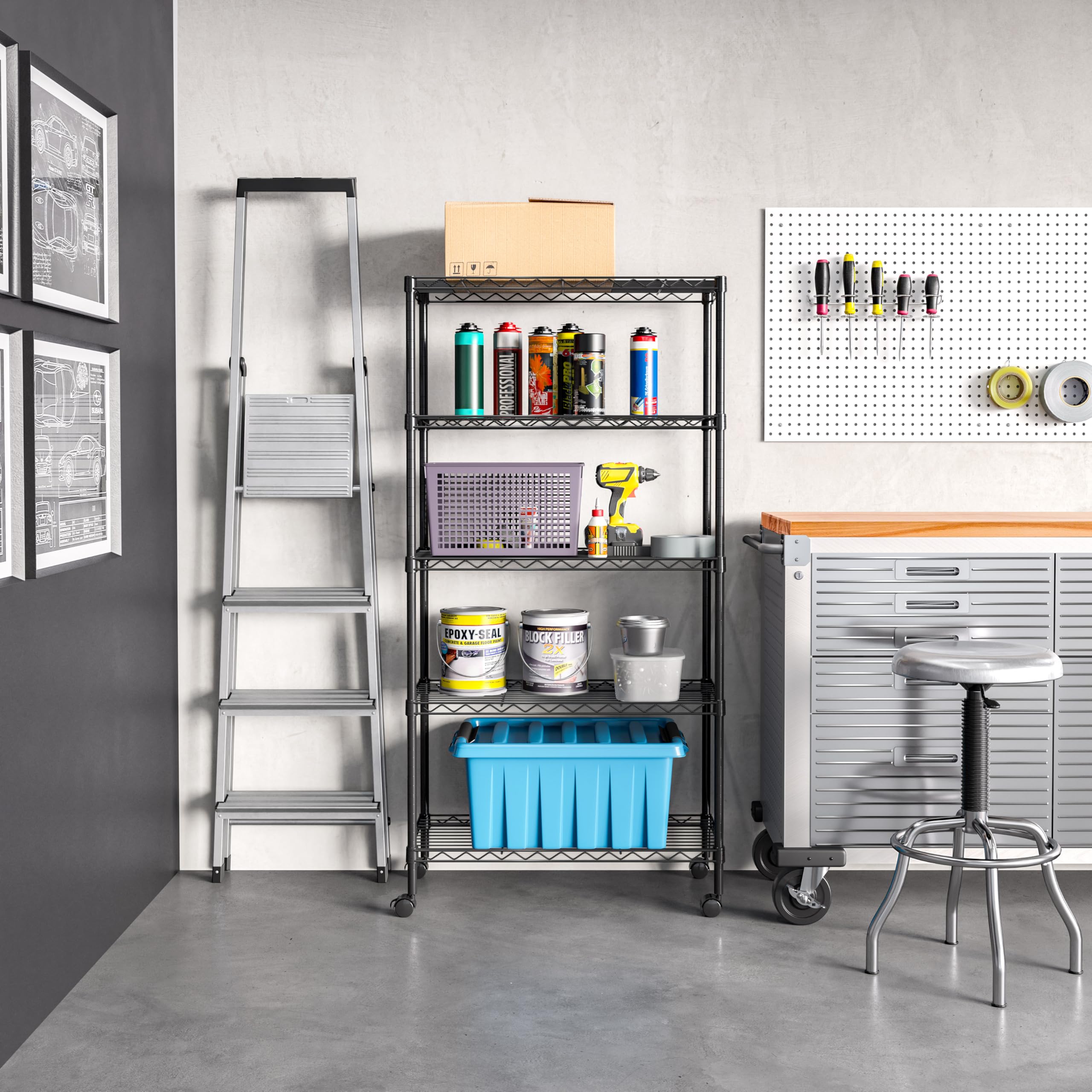 Seville Classics 5-tier rack side view illustrating adjustable shelves