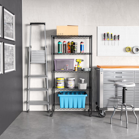 Seville Classics 5-tier rack side view illustrating adjustable shelves