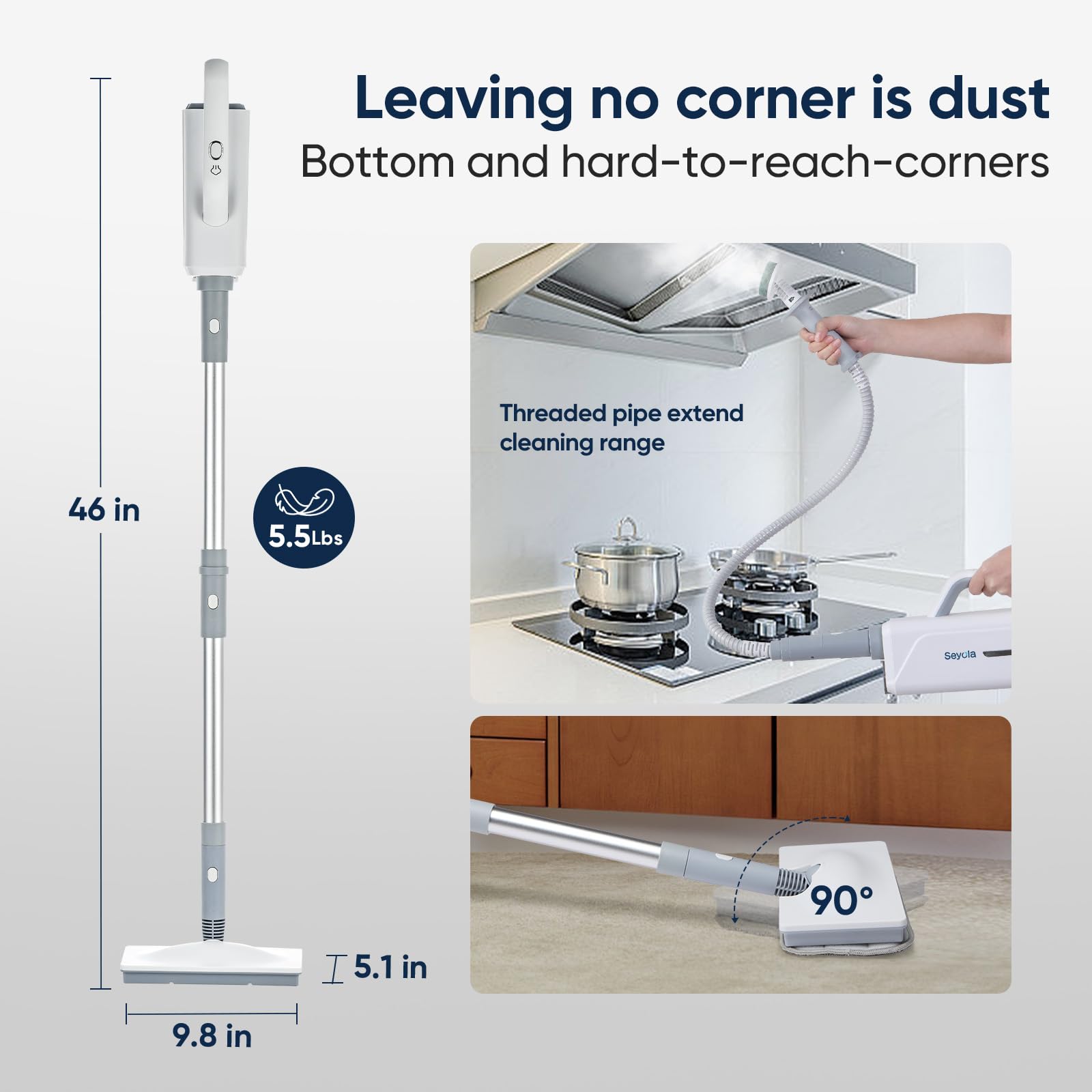Seyola off-white handheld steam mop with angled head for hard-to-reach areas