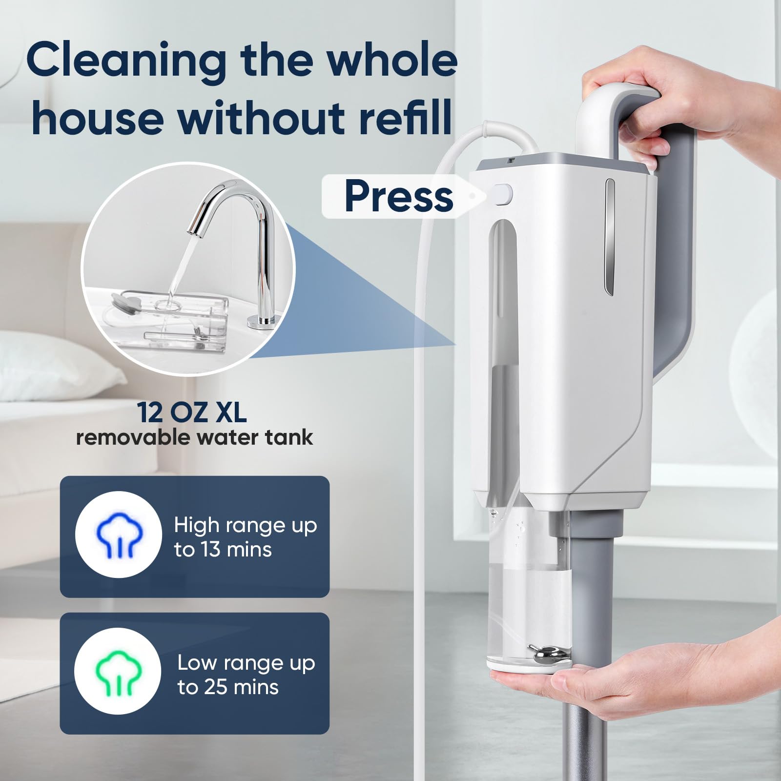Seyola steam mop with 12oz water tank for up to 25 minutes of steam