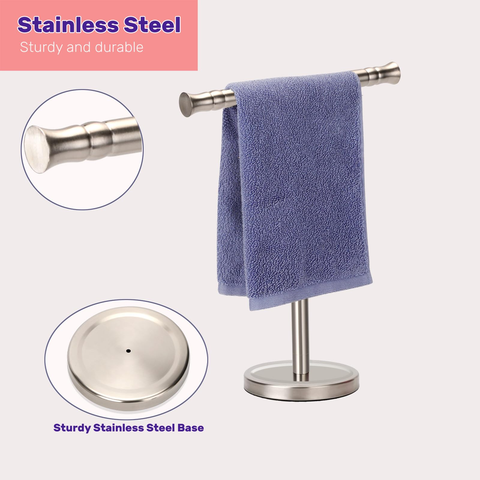 Sfemn towel stand placed on a countertop for free standing setup
