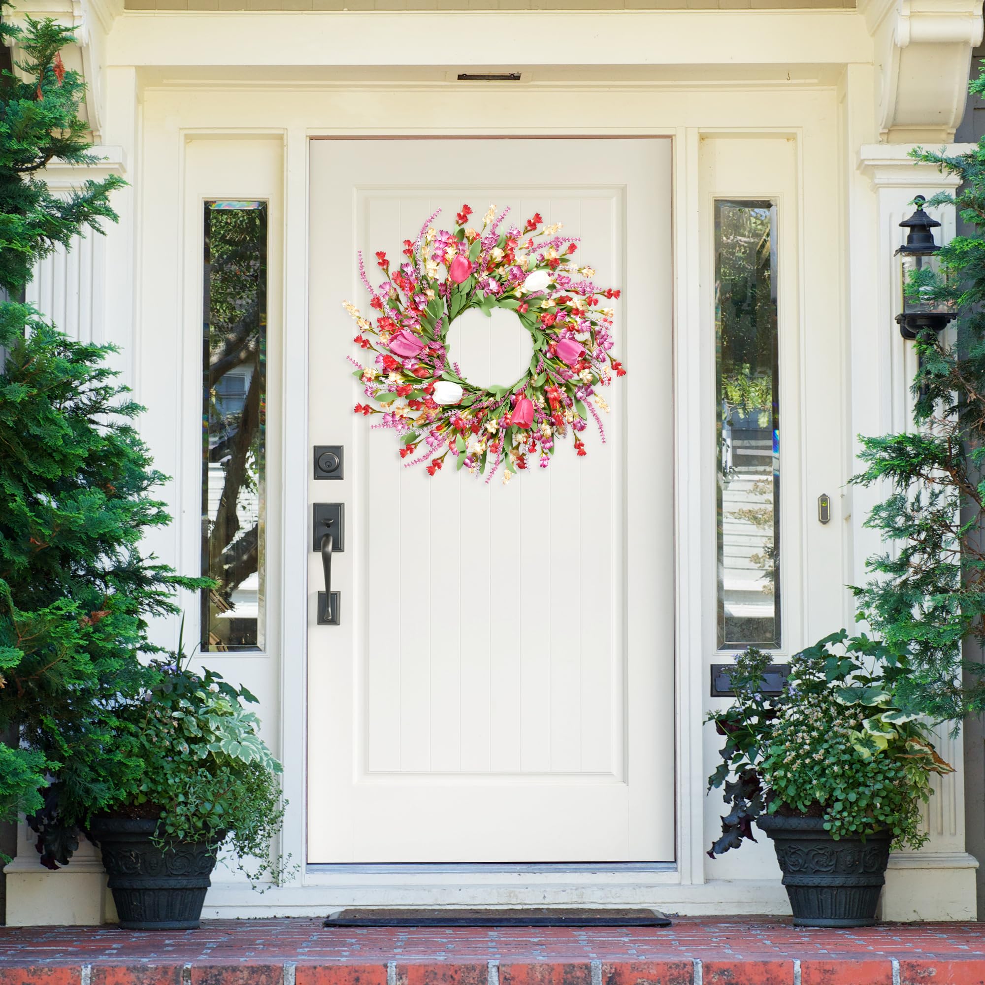 Sggvecsy artificial colorful tulips wreath showcases vibrant petals.