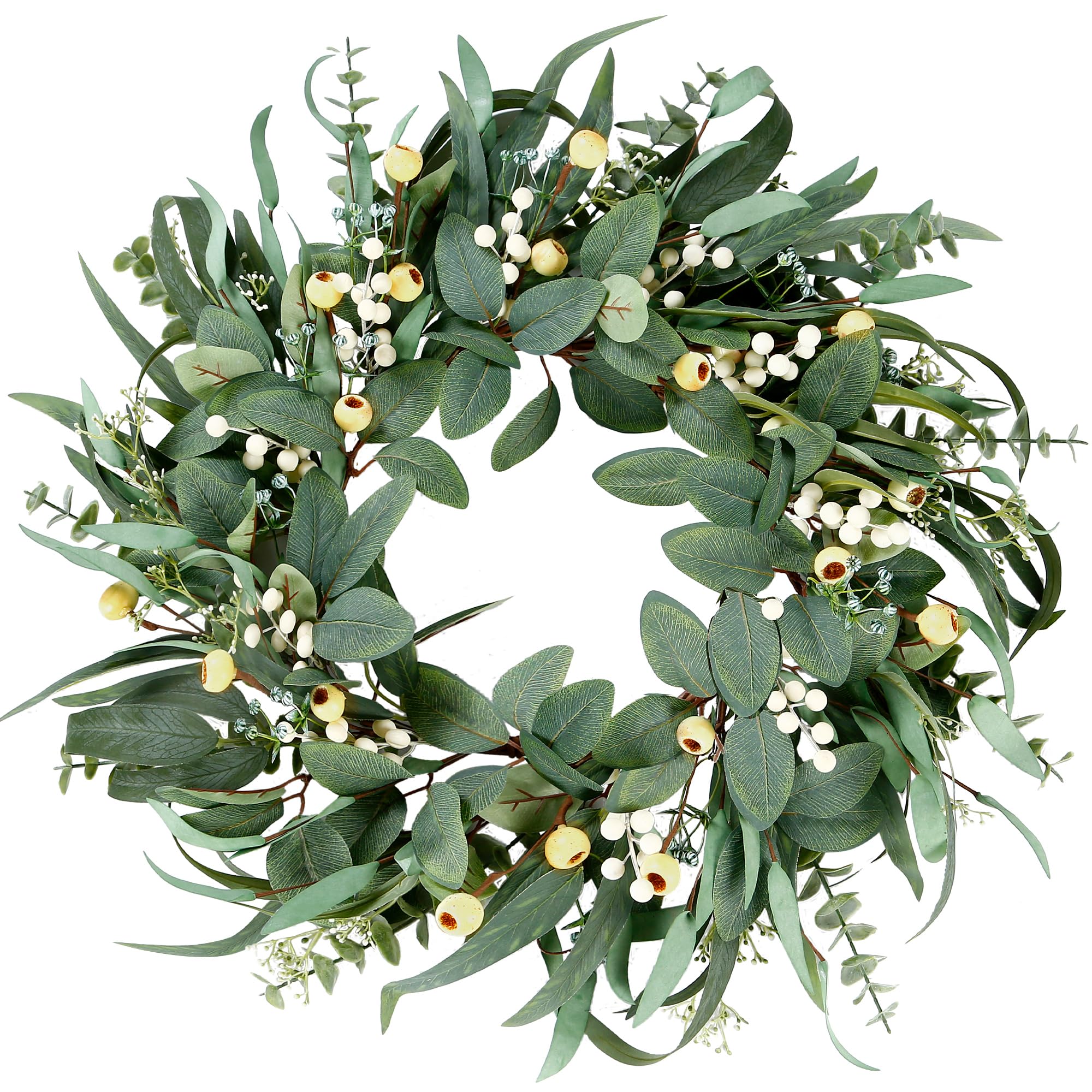 Sggvecsy artificial eucalyptus wreath closeup with lush green leaves for vibrant home decor.