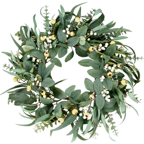 Sggvecsy artificial eucalyptus wreath closeup with lush green leaves for vibrant home decor.