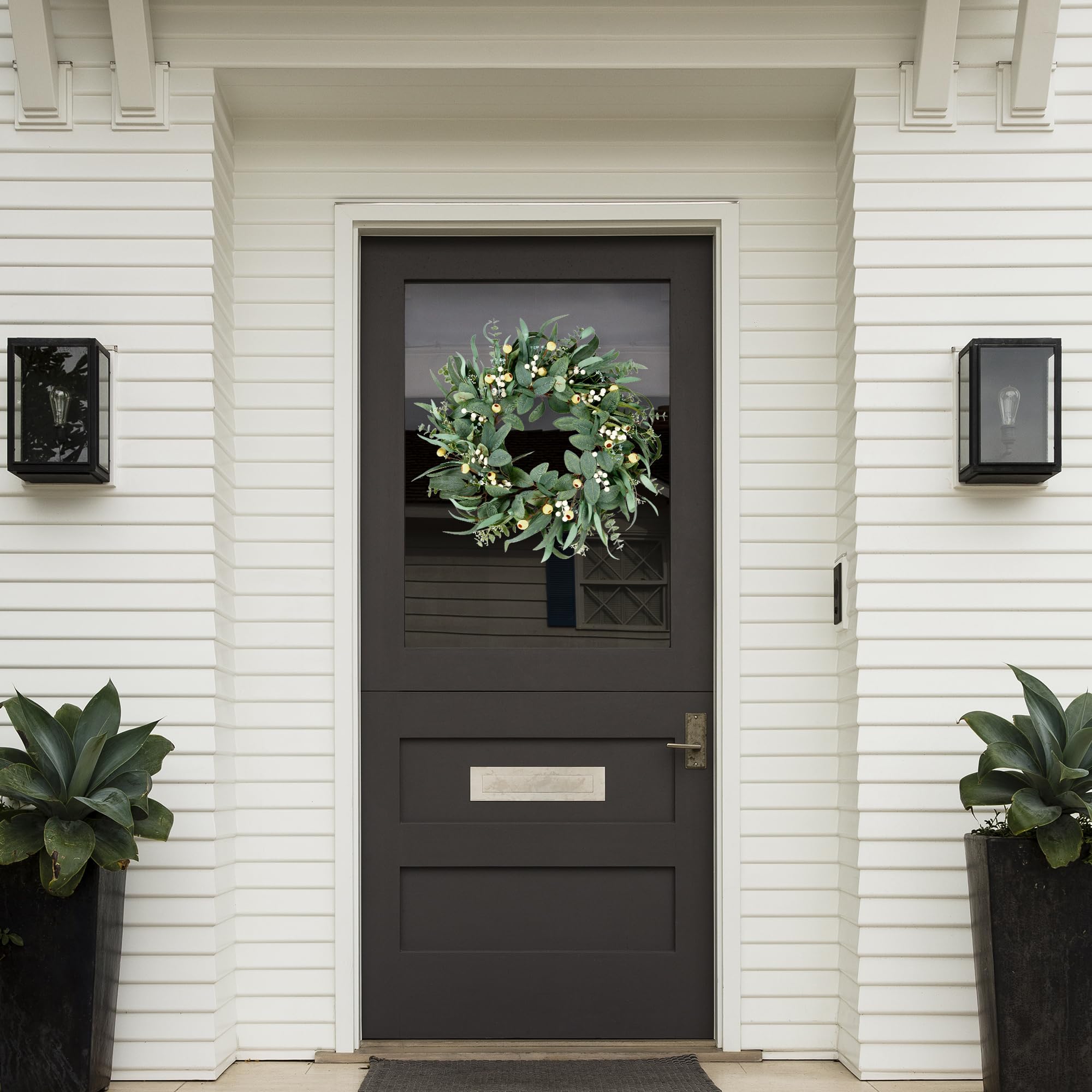 Sggvecsy eucalyptus wreath displays green leaves and white berries for spring brightness.