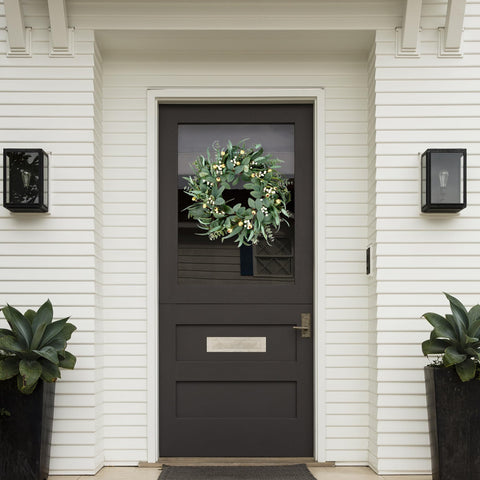 Sggvecsy eucalyptus wreath displays green leaves and white berries for spring brightness.
