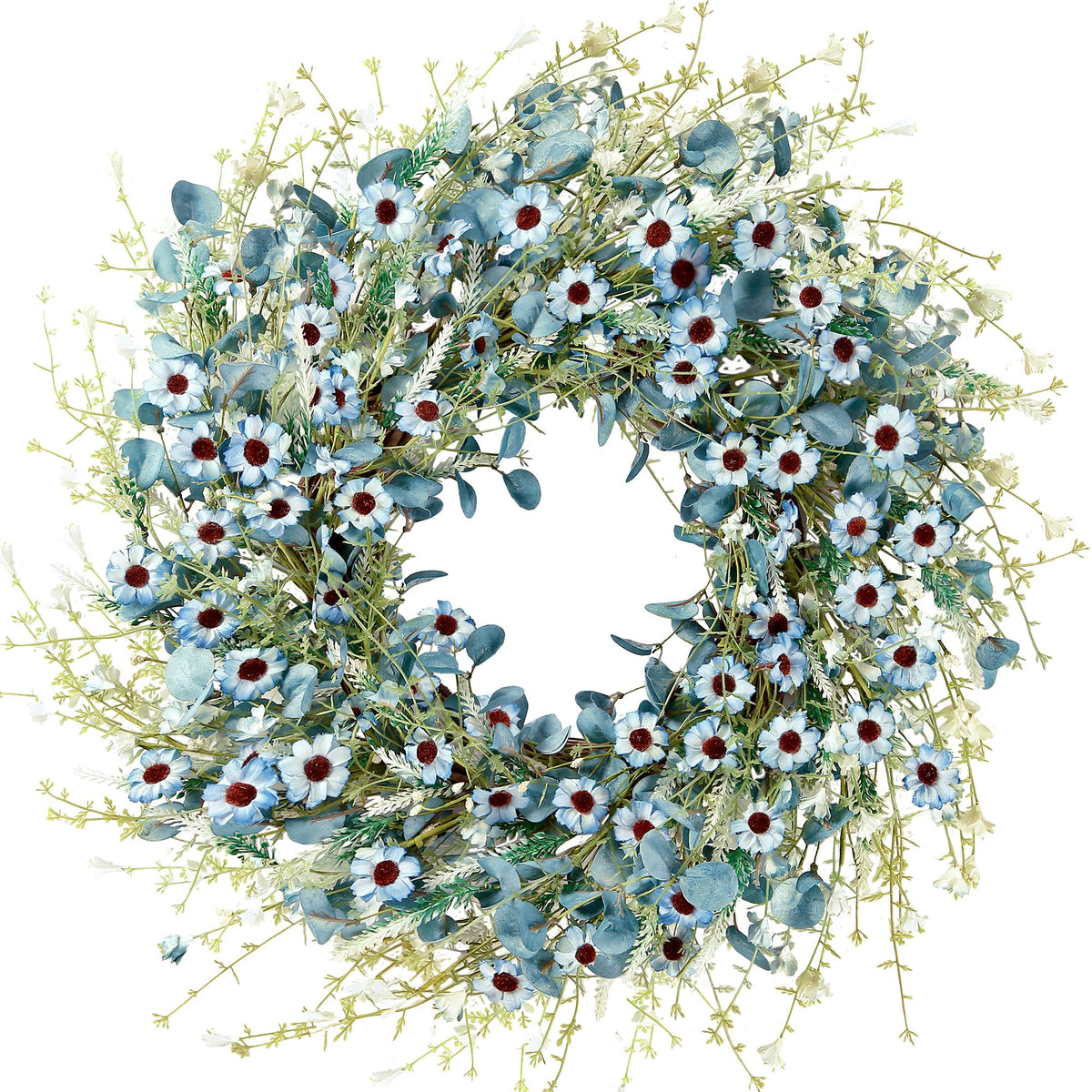 Sggvecsy blue daisy wreath on a 24-inch frame for front door