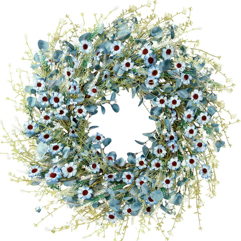 Sggvecsy blue daisy wreath on a 24-inch frame for front door