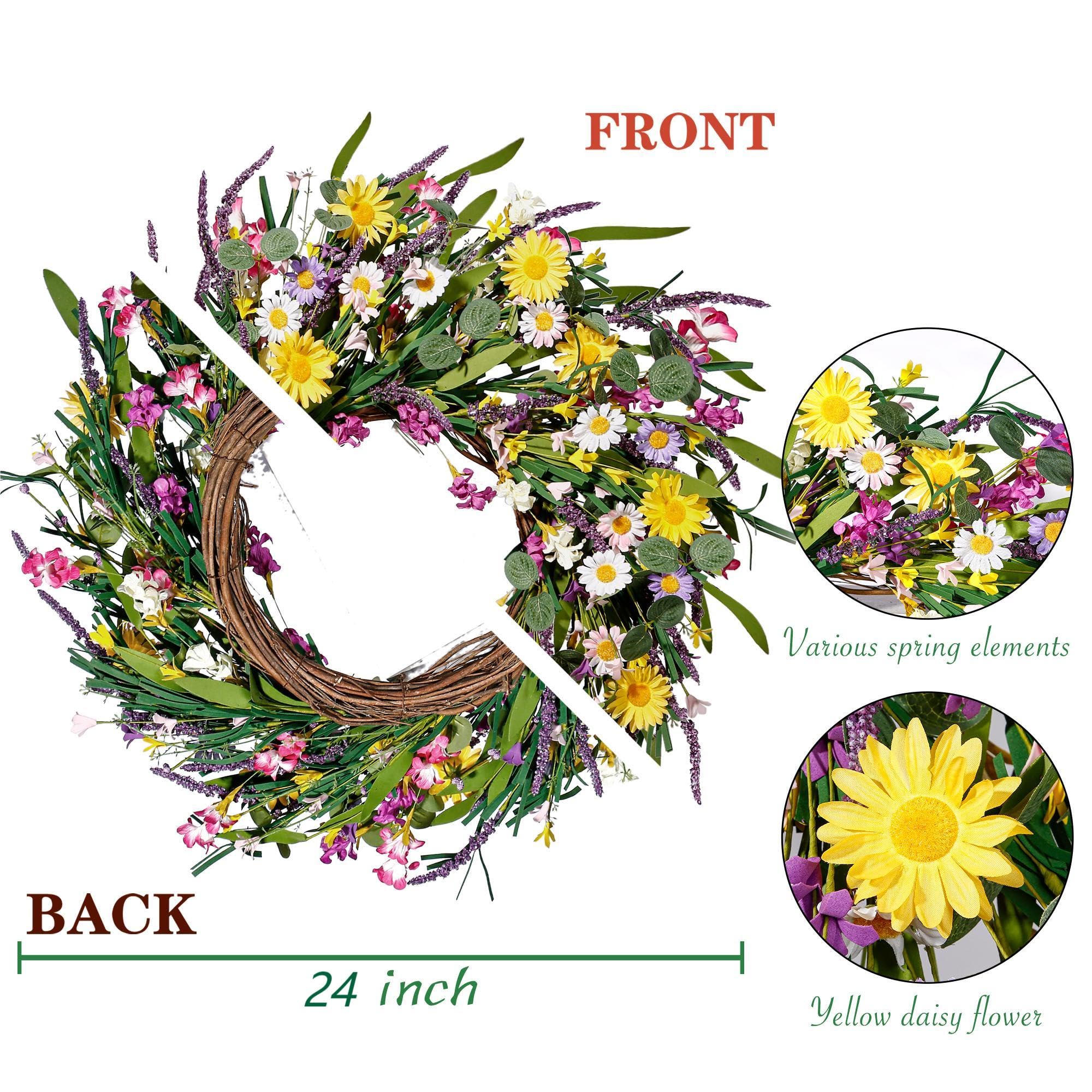 Sggvecsy wreath complements farmhouse decor with vibrant wildflower charm.