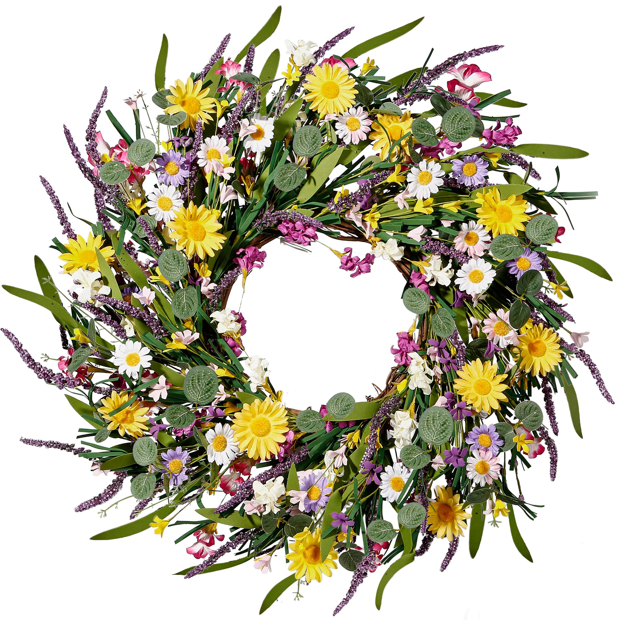 Sggvecsy daisy and lavender wreath on front door, welcoming color and texture.