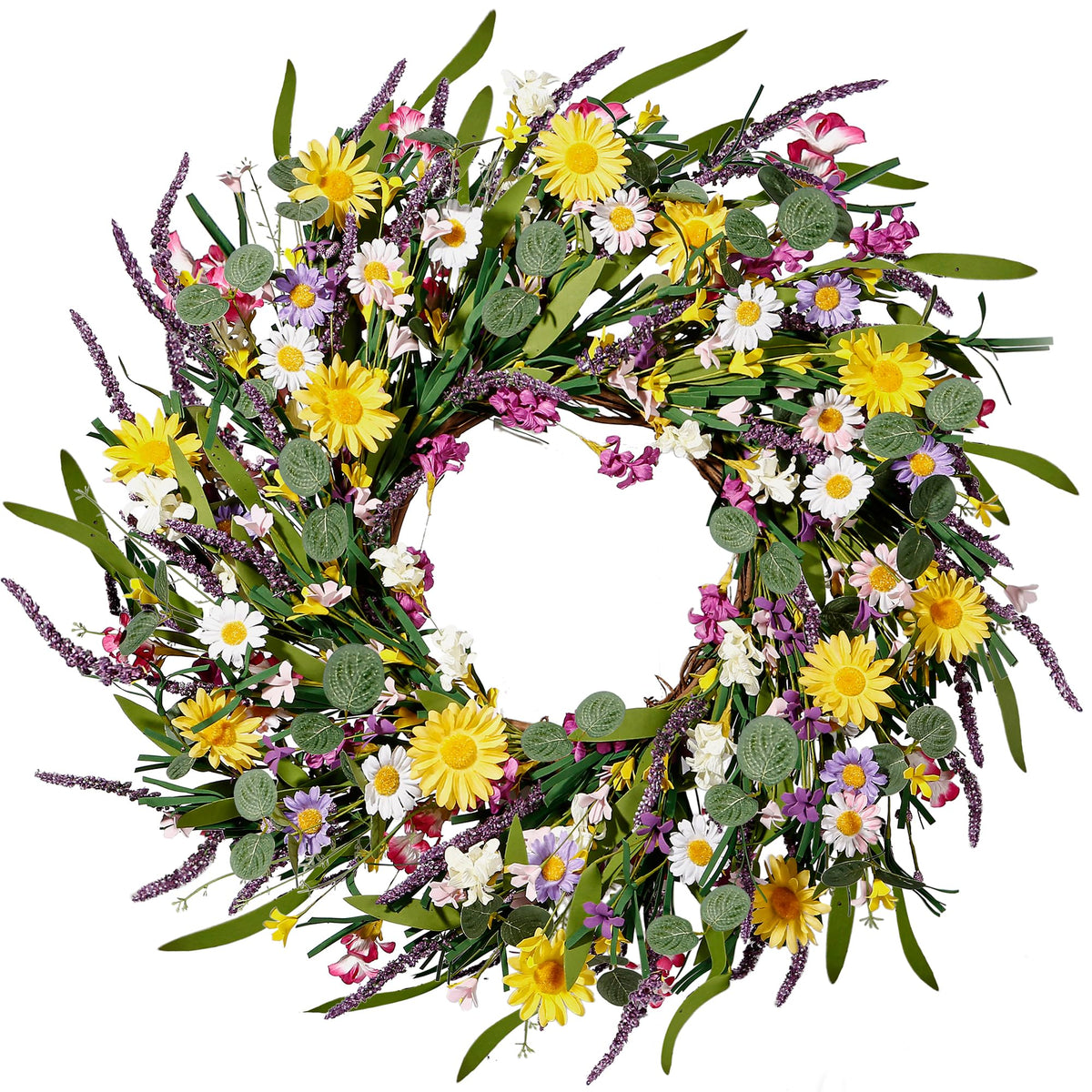 Sggvecsy daisy and lavender wreath on front door, welcoming color and texture.