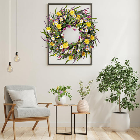 Sggvecsy wreath outdoors under cover to enjoy weather-friendly beauty.