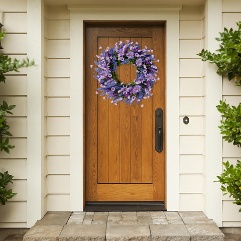 Sggvecsy purple daisy wreath enhances farmhouse walls or windows.