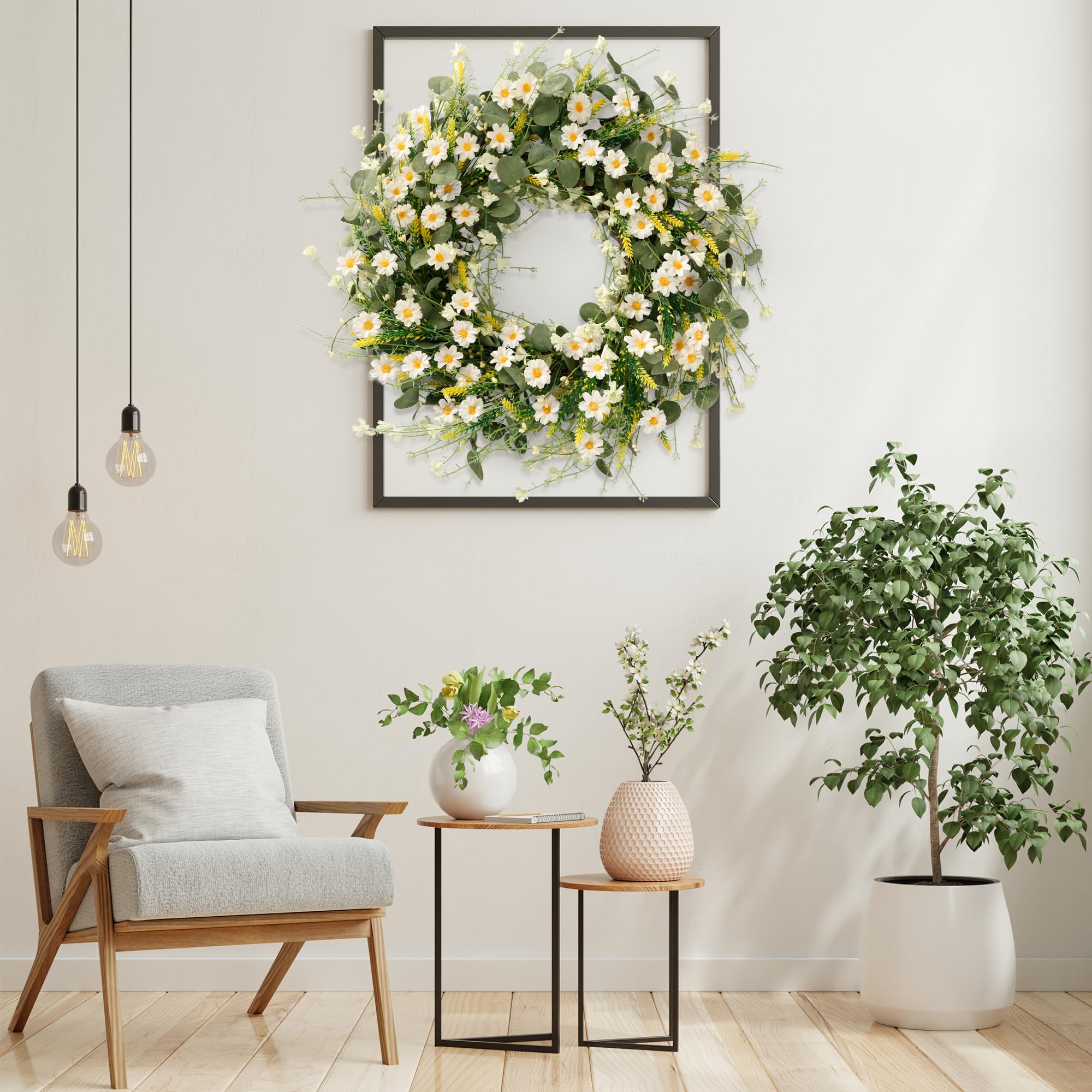 Sggvecsy White Daisy Wreath suits farmhouse-style living areas