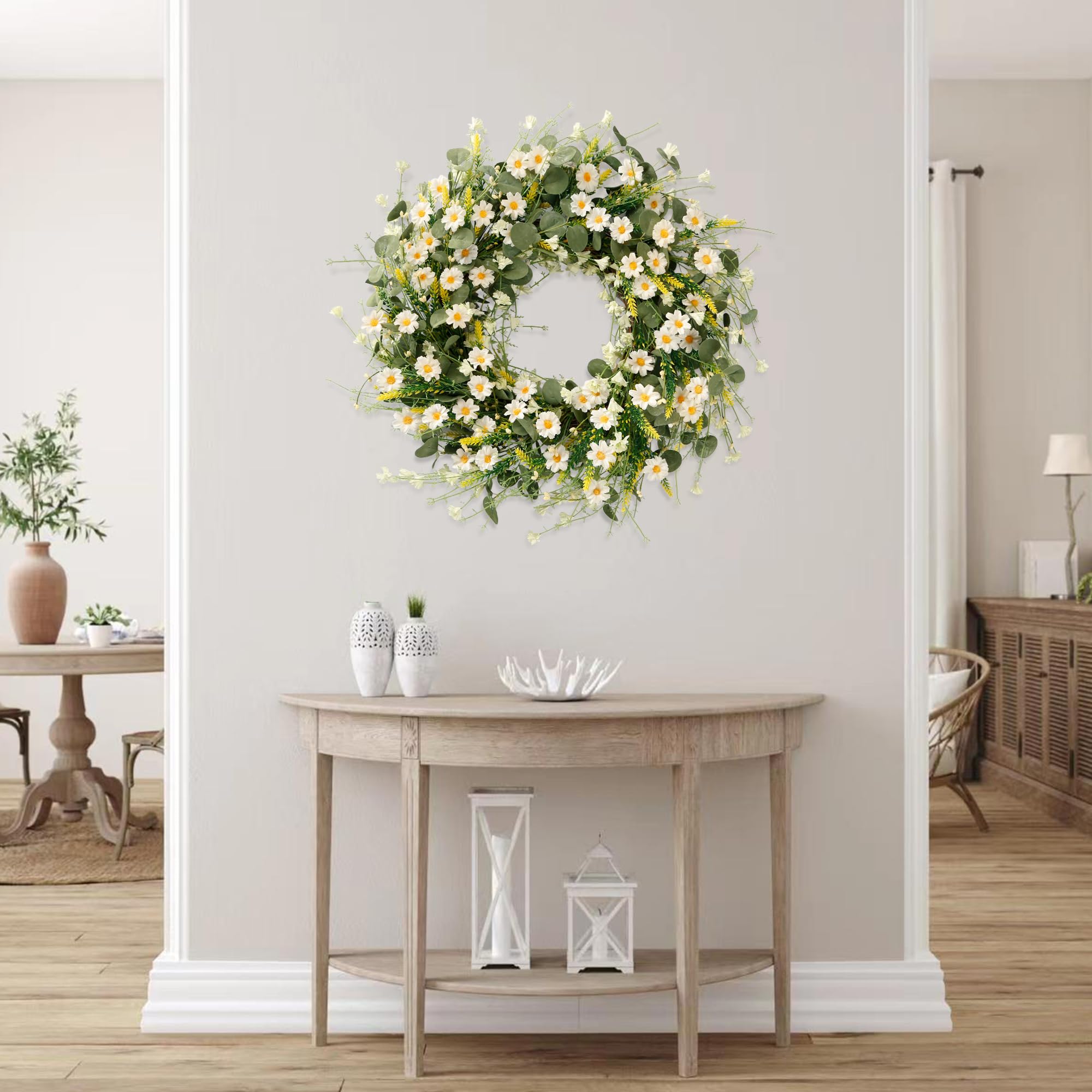 Sggvecsy White Daisy Wreath on porch decor delivering seasonal charm