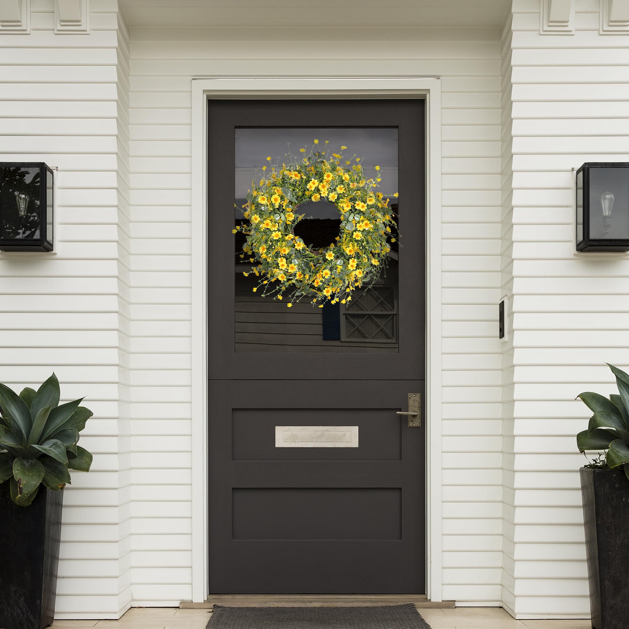 Sggvecsy Yellow Daisy Wreath serves as indoor centerpiece with a grapevine base