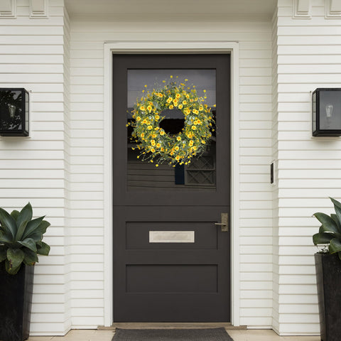 Sggvecsy Yellow Daisy Wreath serves as indoor centerpiece with a grapevine base