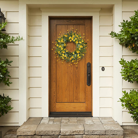 Sggvecsy Yellow Daisy Wreath wall display highlights vibrant greenery