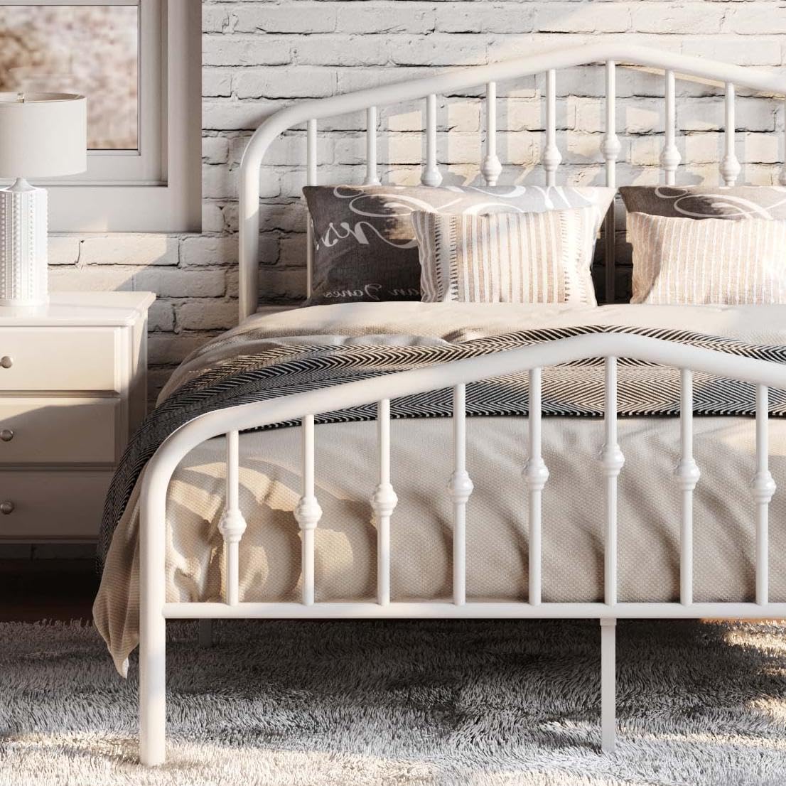 SHA CERLIN queen bed headboard in white with Victorian ironwork and sturdy support.