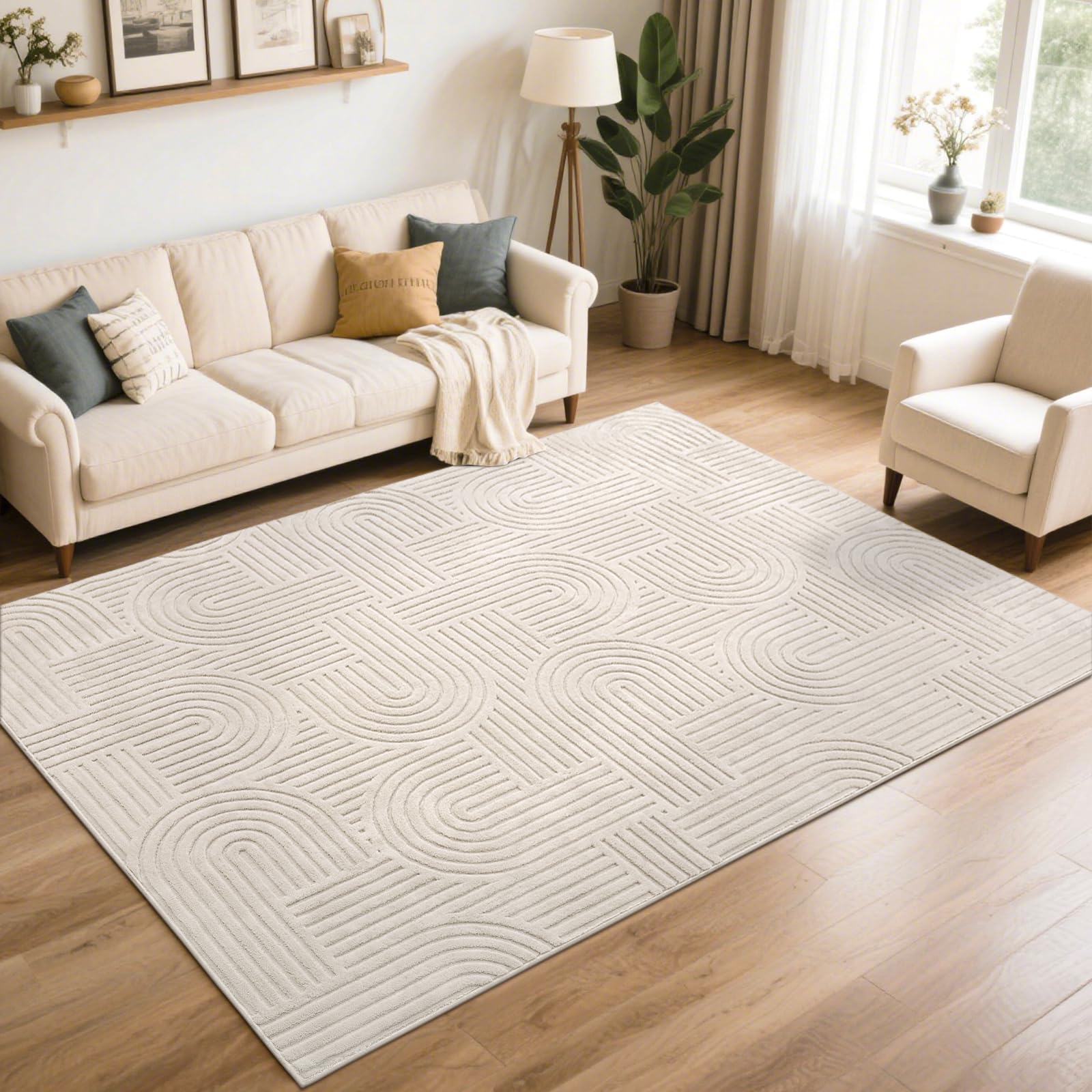 Beige SHACOS geometric rug fits modern Nordic interiors