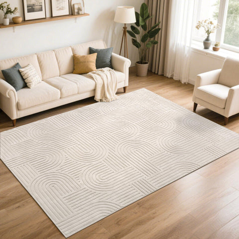 Beige SHACOS geometric rug fits modern Nordic interiors