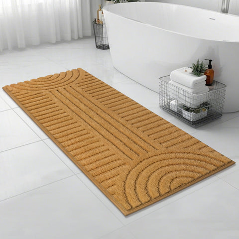 SHACOS boho-striped microfiber rug offers absorbent care and quick-dry performance in baths.